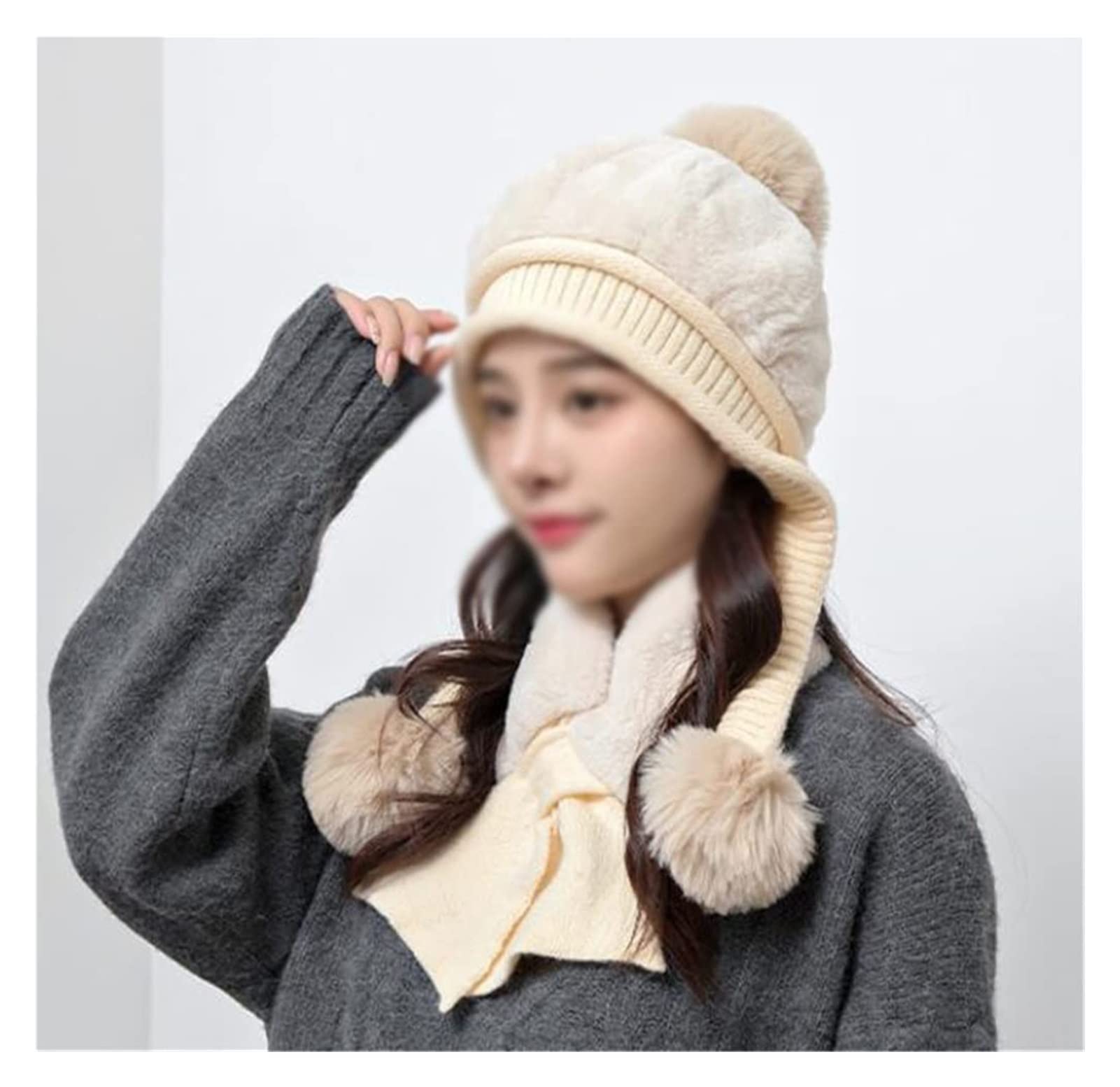 Qingxiao Winter Hat Female Woolen Hat Plus Velvet Thick Warm Korean Scarf Knitted Hat Two-Piece Suit (Color : Beige, Size : One Size)