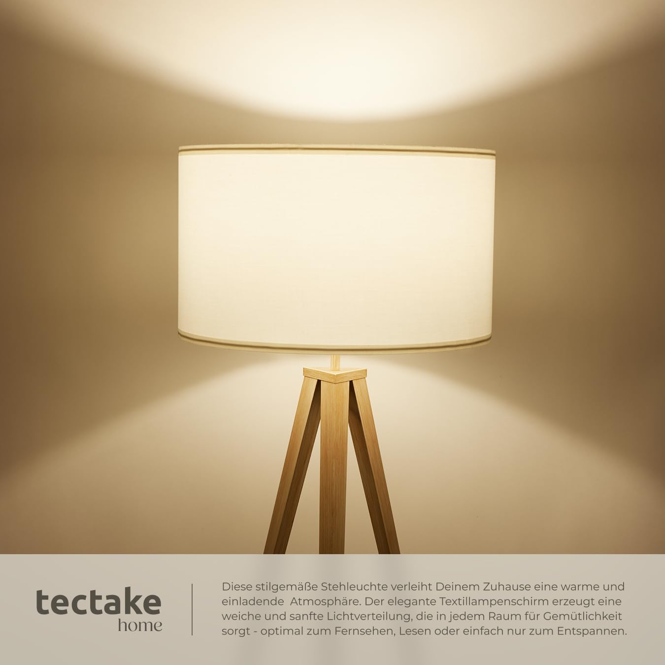 tectake® Dreibein Stehlampe, Lampe im retro boho Stil, gemütliches Ambient Light für Schlafzimmer, Wohnzimmer, als Esszimmerlampe, Lampenschirm in Leinenoptik, modern skandinavisch - eiche