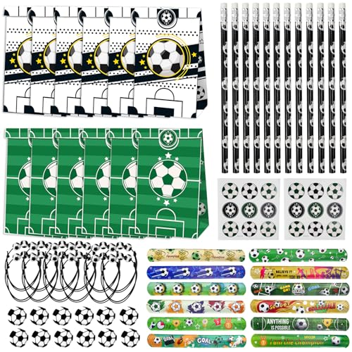 Byfoyif 60 peças artigos de festa de futebol de aniversário, crianças, ananás de futebol de aniversário, inclui 12 bolsas, 12 chaves, 12 pulseiras, 12 tatuagens temporárias e 12 cartões de festa