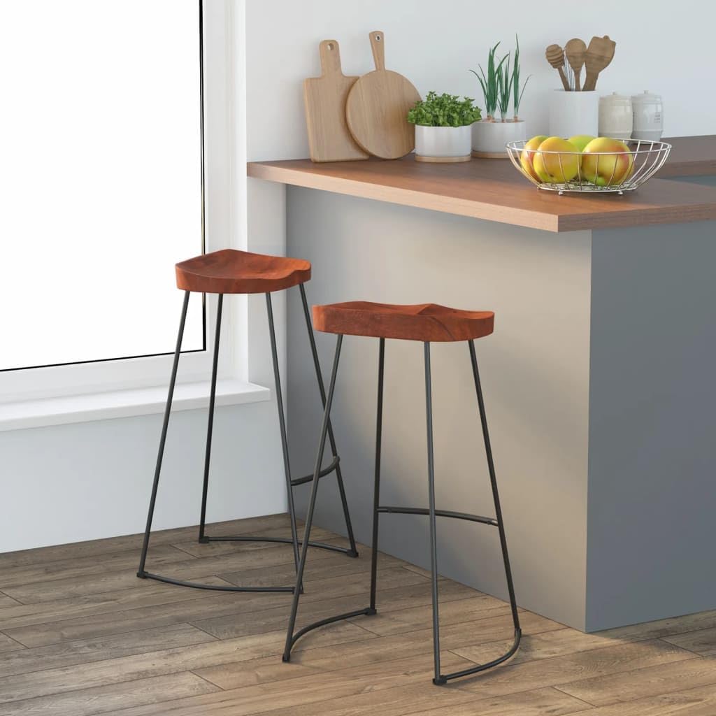 Bar Stool Set of 2 Brown and Black, Solid Mango Wood with Powder-Coated Iron Frame for Dining Room Kitchen, Retro Design Stools for Home Bar, Durable and Comfortable Seating