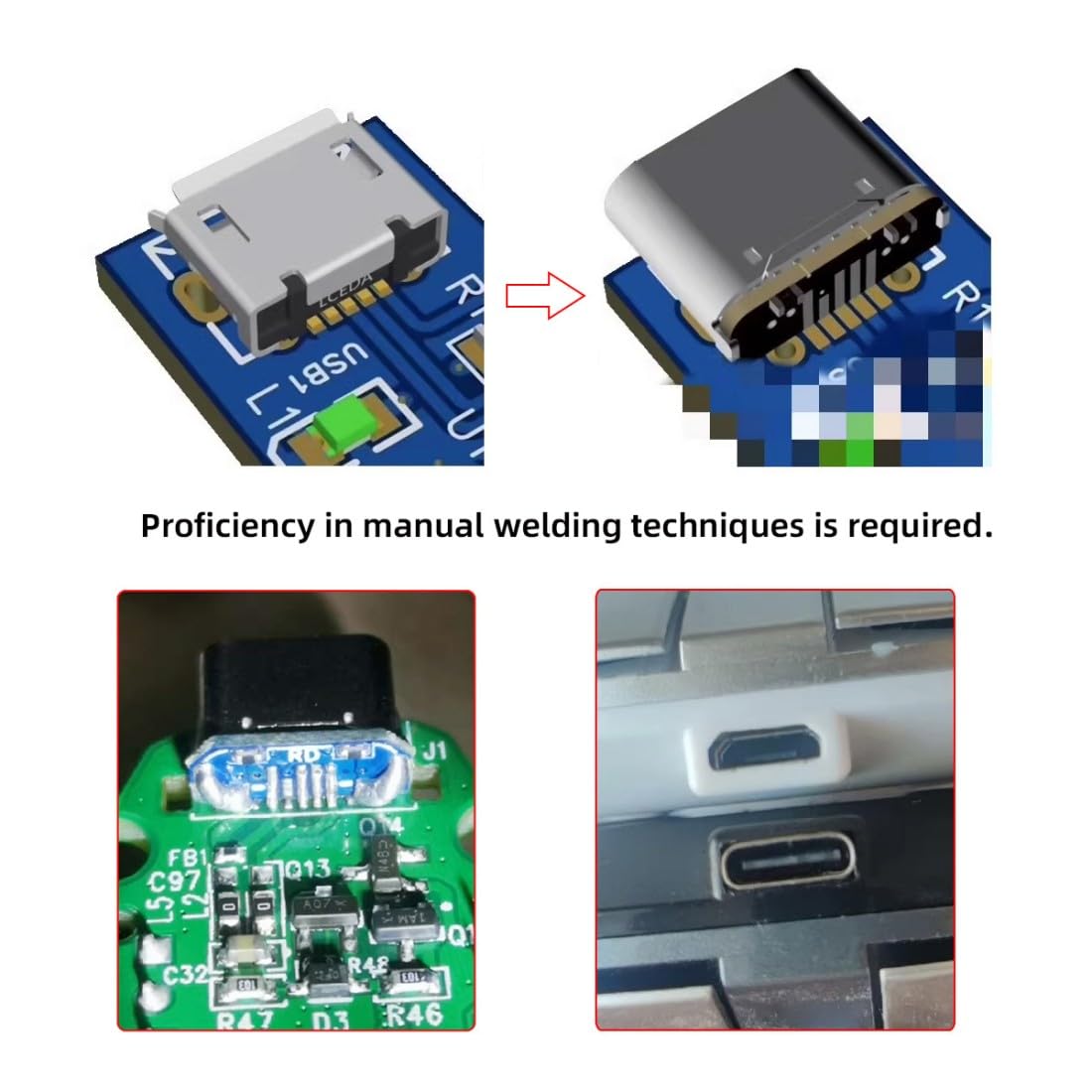 Close-up image showing a Micro USB connector being replaced by a USB-C connector on a circuit board, highlighting the intricate soldering required.