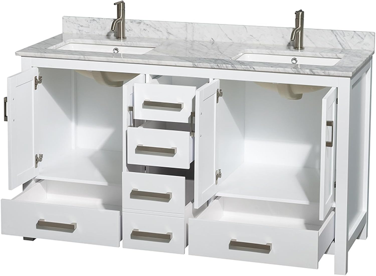 Wyndham Collection Sheffield 60 inch Double Bathroom Vanity in White, White Carrara Marble Countertop, Undermount Square Sinks, and No Mirror