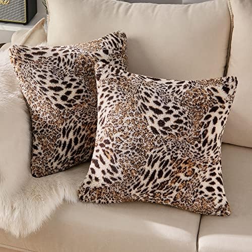 CosyCo Sherpa Throw Pillow Covers, Animal Print Soft Fluffy Cushion Covers, Decorative Pillow Covers for Couch, Sofa, Bed, Accent Pillows, Set of 2, 18x18 Inches, Leopard Print