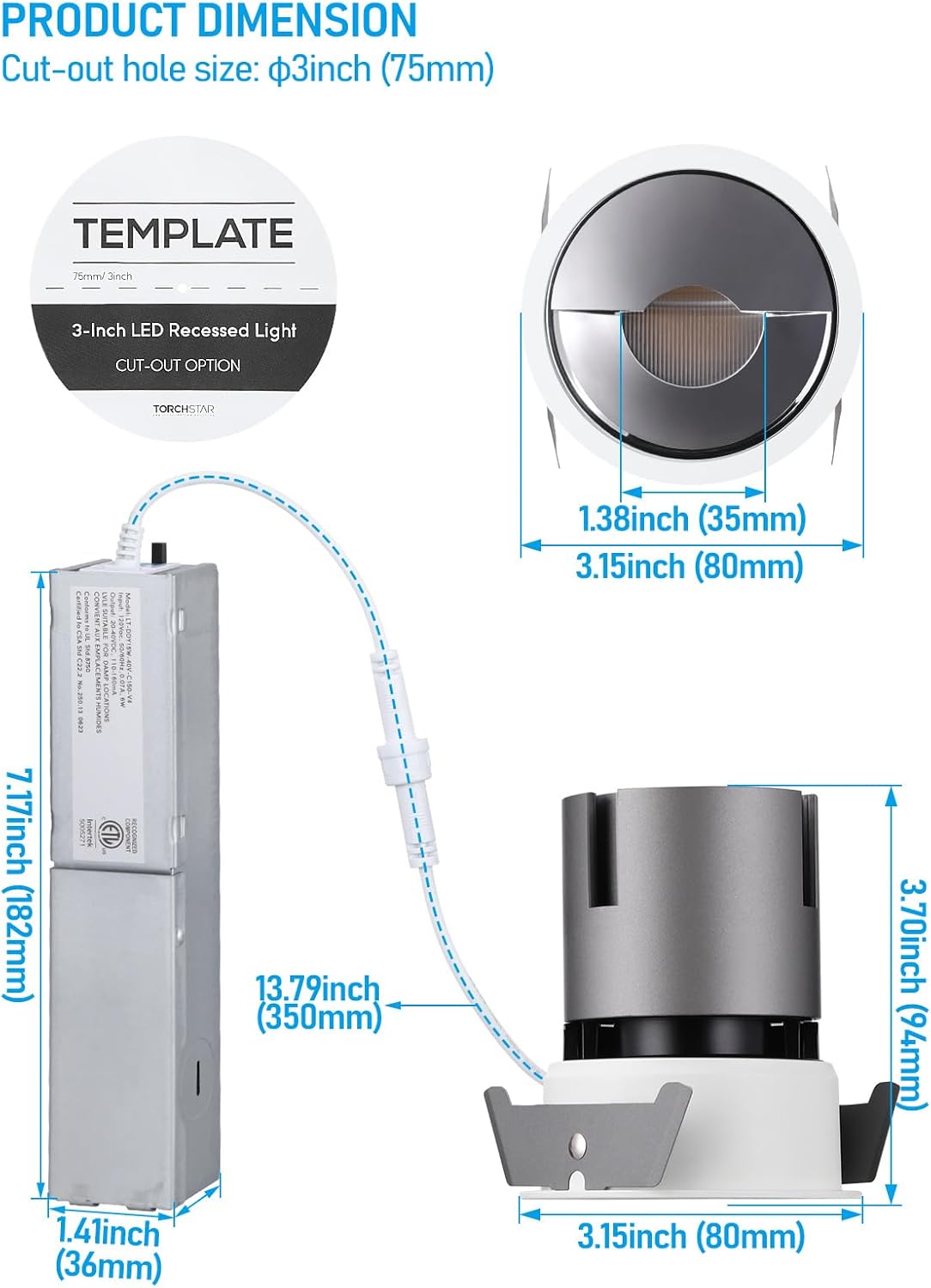 TORCHSTAR 3 Inch 5CCT LED Asymmetric Wallwasher Recessed Lights with J-Box, 35° Ultra-Narrow Trim Recessed Ceiling Spotlight, IC Rated, Dimmable, Anti-Glare, CRI90, 2700-5000K, ETL FCC, Pack of 2