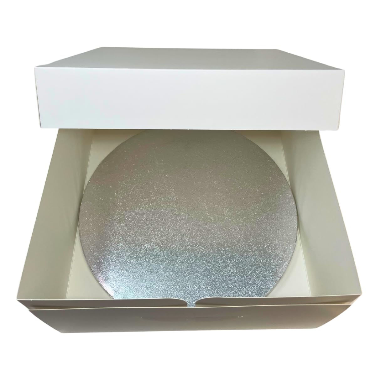 Decoraciondulce - Confezione da 5 scatole e basi per torte - 5 basi in argento 25 x 1,2 cm e 5 scatole per torte da 25,4 x 25,4 x 15,2 cm
