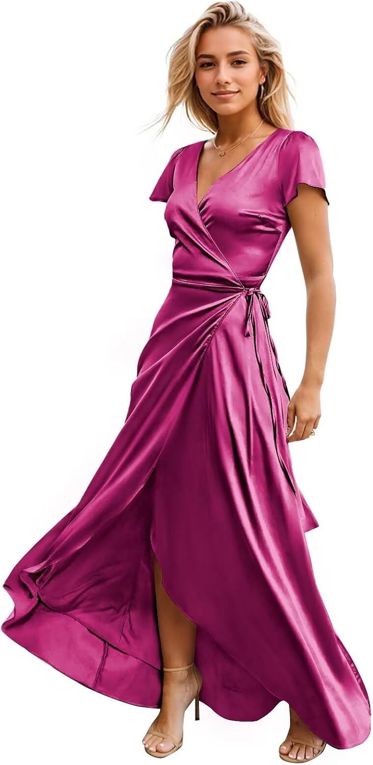 Satin Bridesmaid Dresses for Women Long Short Sleeves Wrap Formal Dress with Slit