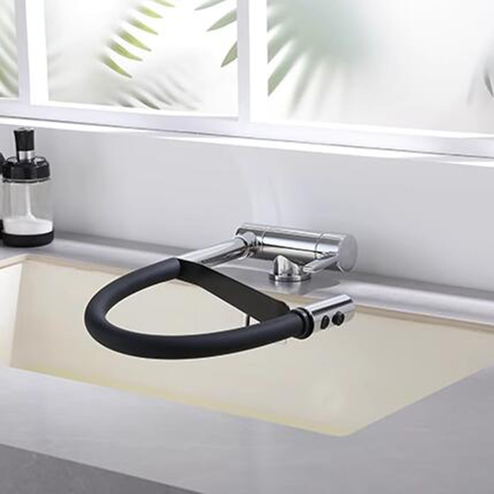 Grifo Cocina Abatible para Ventana, Grifo de Cocina Plegable Latón Agua Fría y Caliente Giro Grifo Fregadero Cocina-Cromo