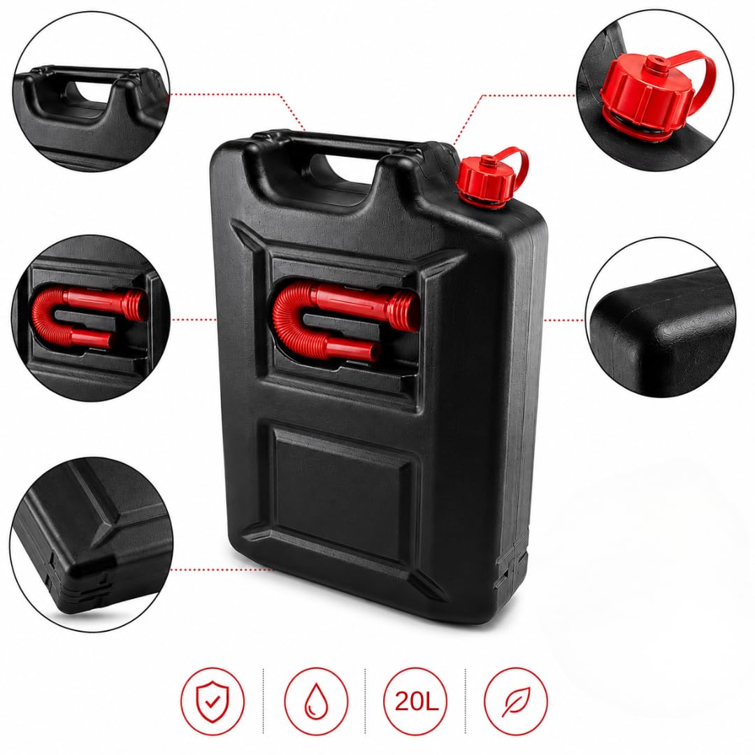 Jerrican Essence 20L - Bidon essence avec Tuyau - Bidon de Réserve Robuste et étanche pour Essence et Diesel - Noir