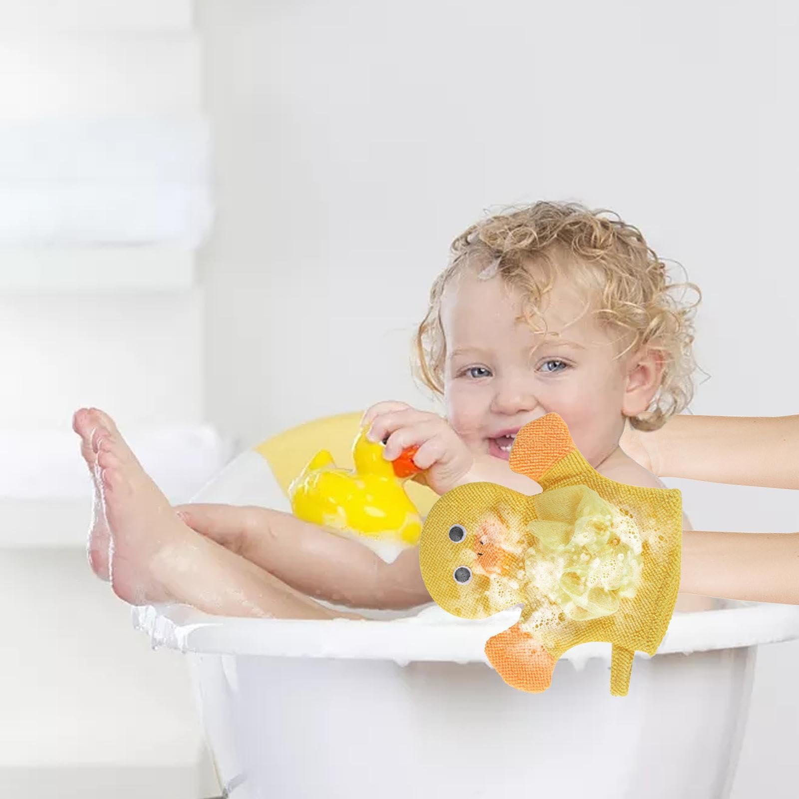 2 Guanti Da Bagno Per Bambini In Cotone: Simpatici Animali Squalo E Anatra Gialla, Morbidi E Grandi (24,9x20,1 Cm) - 2