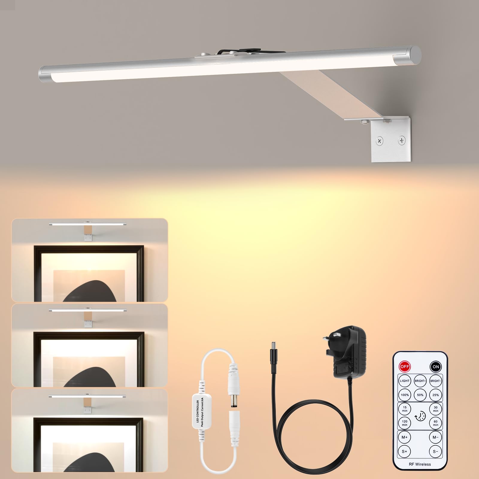 LABOREDUCER Plug in Picture Lights for Wall, Silver, 3000K with Remote