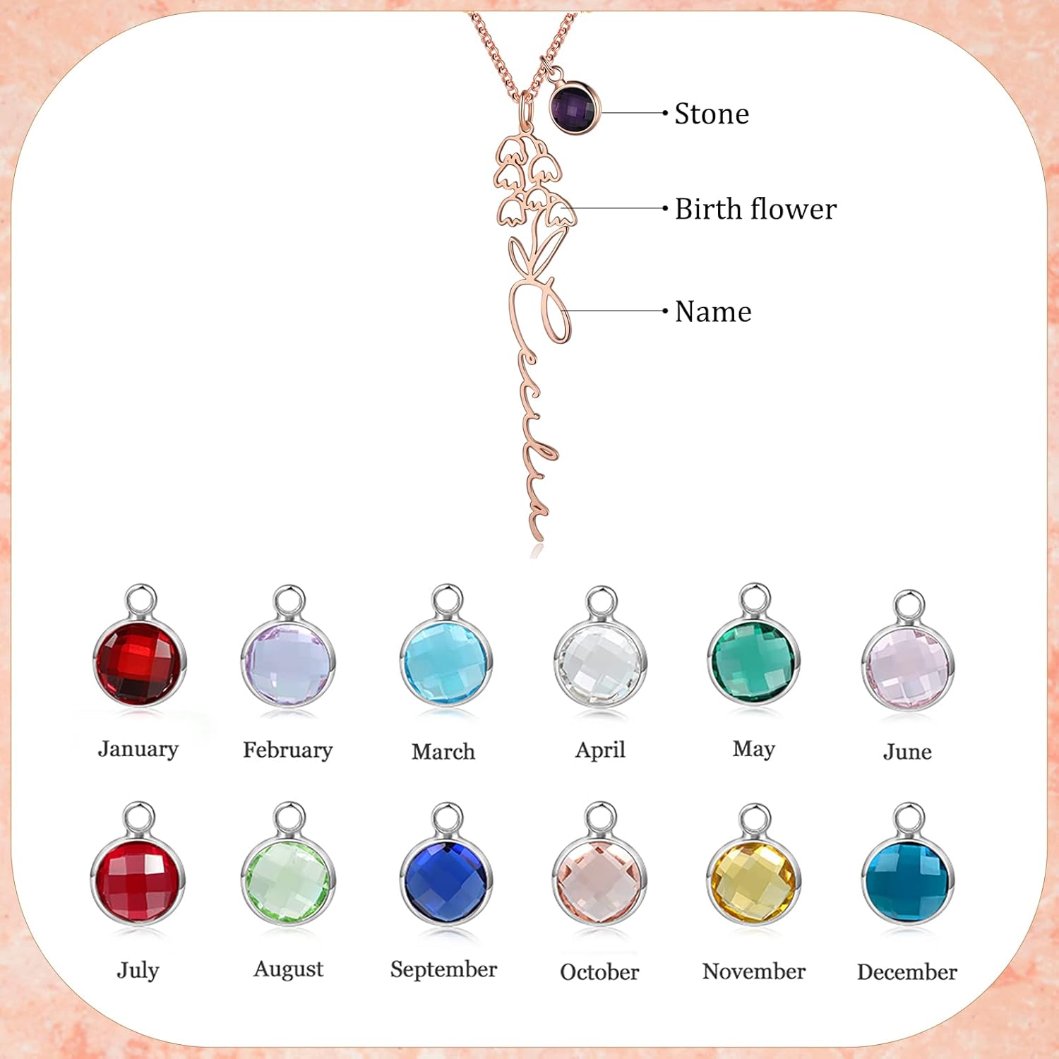 Customized Floral Birth Necklace Engraved Name Birthstone Personalized Pendant Promise Necklace for Women Girlfriend Mom Wife