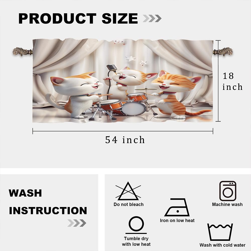 TOWINSFB Cute Cartoon Cat Rock Band Window Valances, Rod Pocket Playful Kitten Playing Drum Window Treatment Short Curtains for Kitchen/Bathroom/Living Room, 54