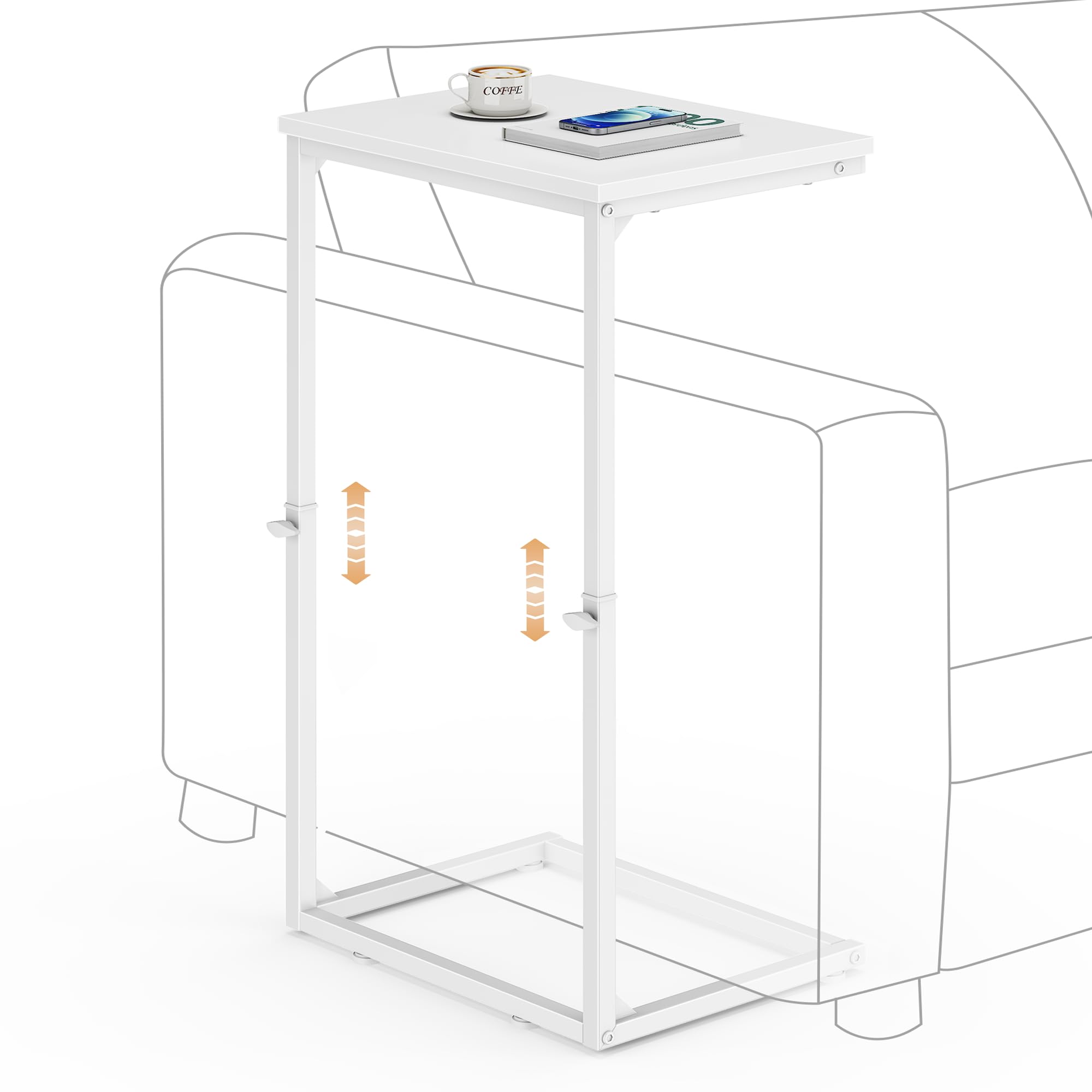 Vagusicc C-Shaped Side Table, Adjustable Height 45-85cm Sofa Side Tables, Small Side Table for Small Spaces, Bedside Table Coffee Table End Bed Table with Metal Frame for Living Room, Bedroom, White
