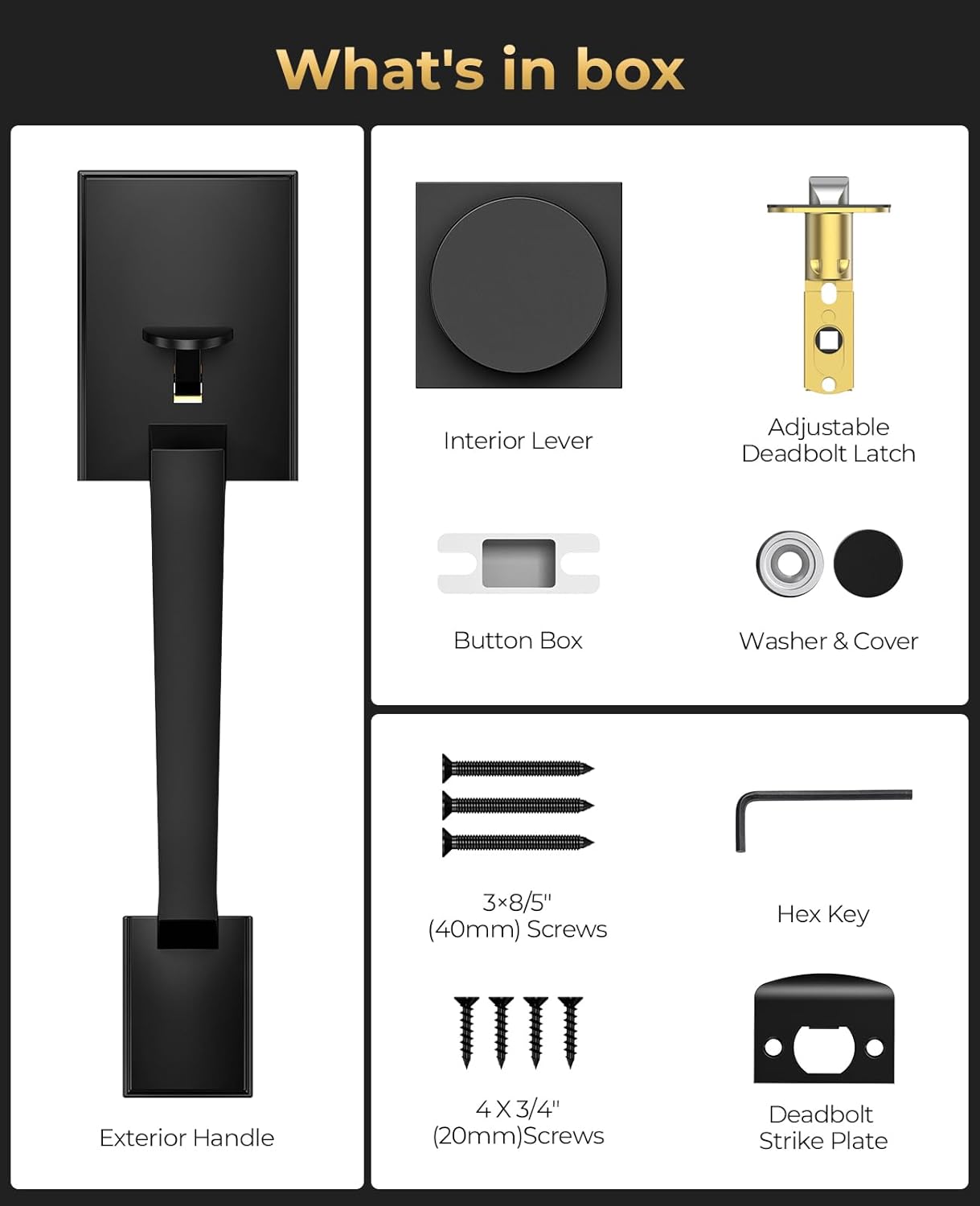 Front Door Handle No Lock, Matte Black Front Door Lock Set with Modern Knob, Adjustable Exterior Entry Handleset, Lower Half Grip, Reversible for Right & Left