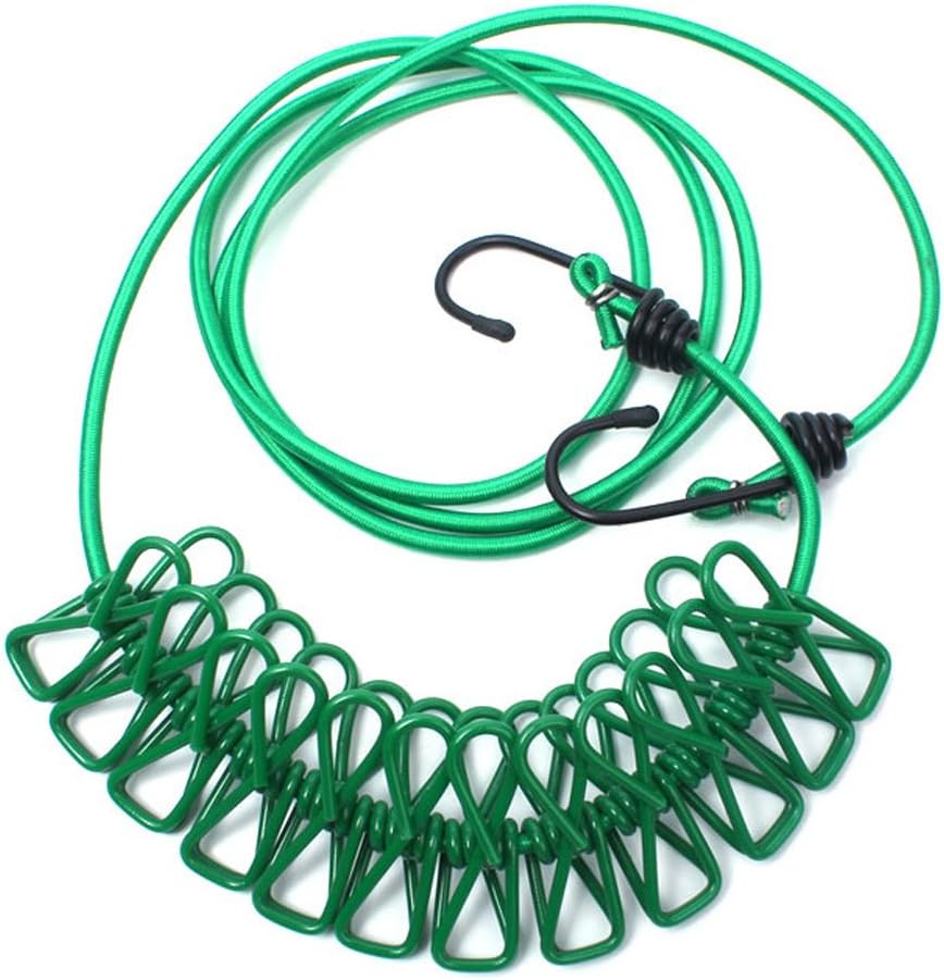 KingBig Elastic Clothesline, Portable Travel Clothes Drying Rope Clothesline Hanger with Clips for Outdoor Indoor Home Travel (Green)