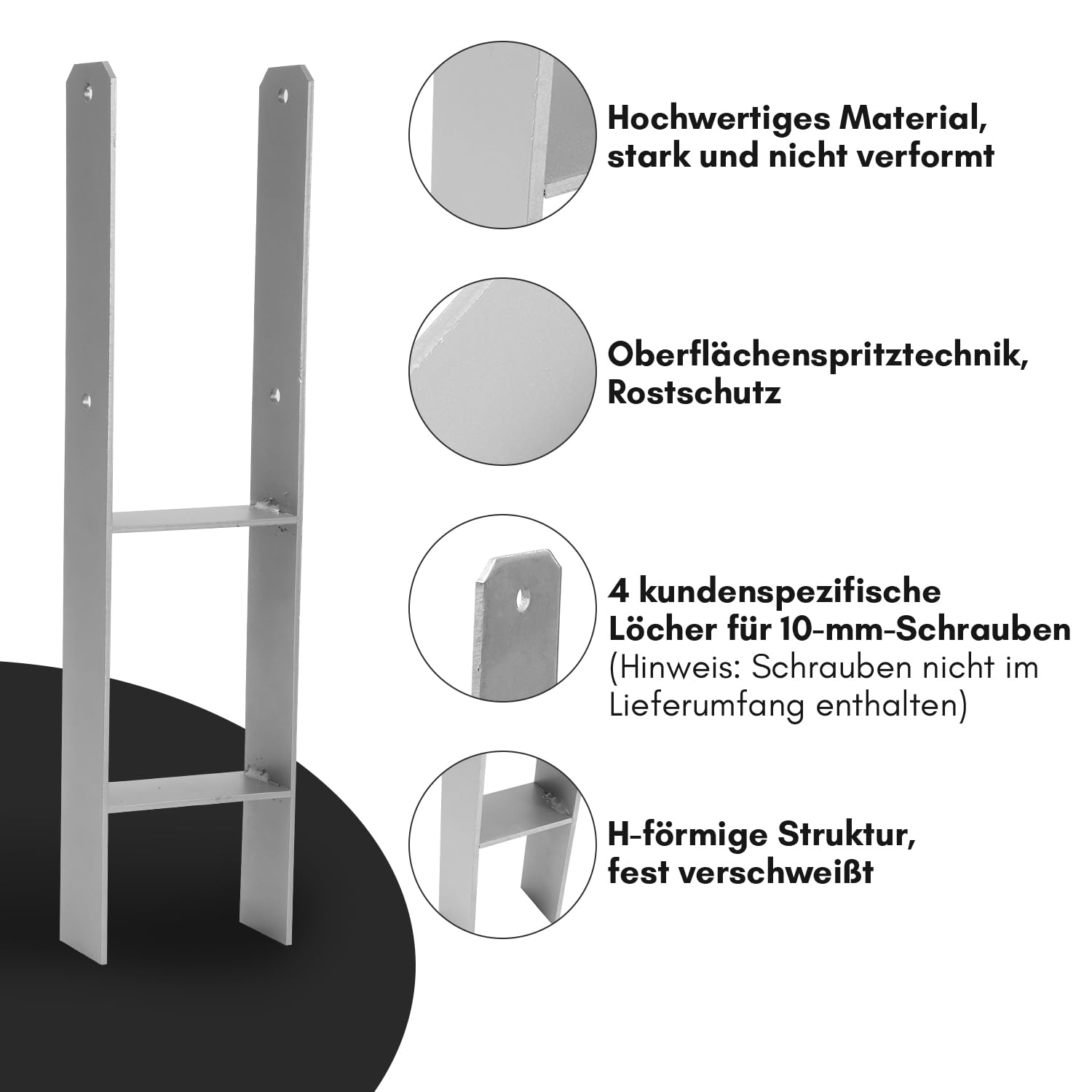 8x H-Pfostenanker 121 mm – H-Pfostenhalter für Zaun- und Holzpfosten, Robuste H-Anker für Gartenzaun, Carport, Pavillon und Holzbauprojekte (121 x 600 mm)