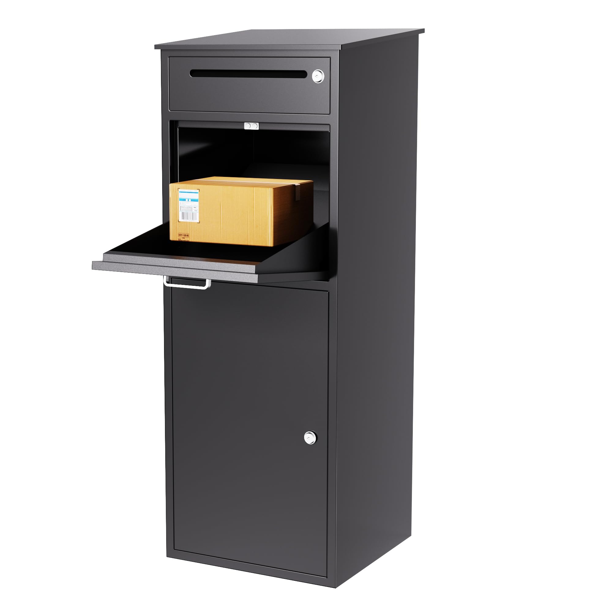 Merapi Package Delivery Box, Pre-Assembled No-Install Parcel Drop Box, Weatherproof Anti-Theft Steel Design (Wrought Iron Black)