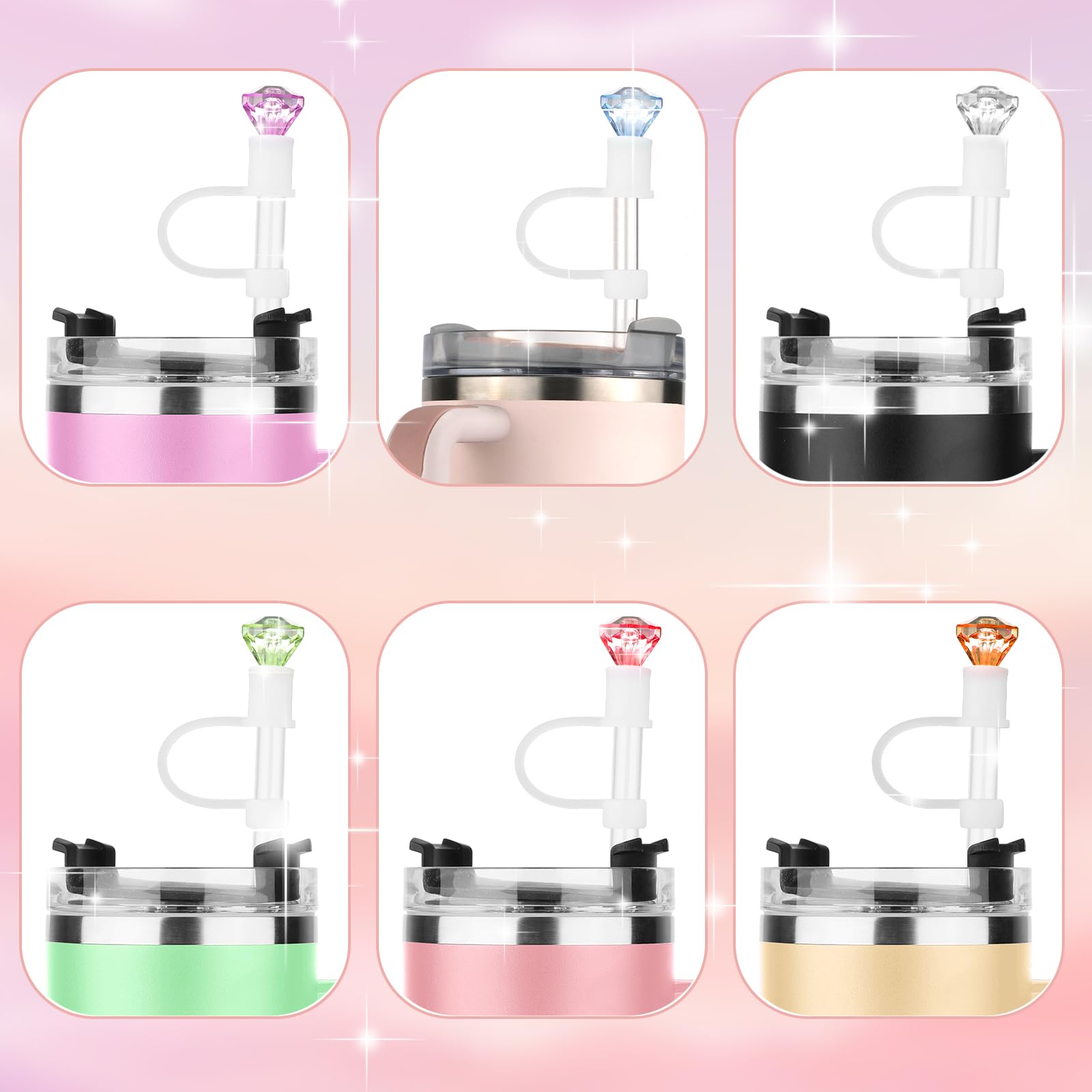 12 Uds Adornos de Pajita de Diamante para Stanley Taza de 30/40oz, Reutilizables Cubierta de Pajitas de Diamante Tapa de Pajita de Silicona para Vasos Tapón para Pajitas para Vaso Accesorios