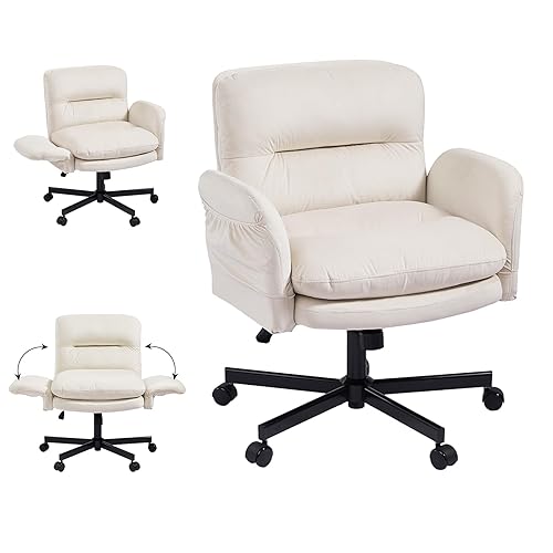 Bestier Criss Cross Office Chair with Flip-Up Arms, Vanity Comfy Chair with Thick Cushion & Wheels, Cross Legged Office Chair for Home Office, Bedroom, Beige Velvet - Beige - Low Back
