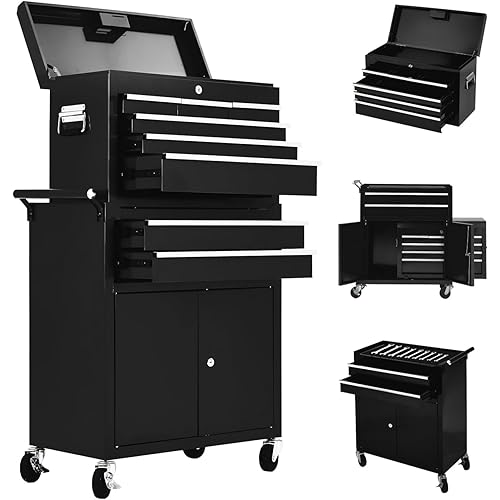 8-Drawer Rolling Tool Chest, 2-in-1 High Capacity Removable Cabinet Storage Tool Box with Wheels and Drawers, Detachable Toolbox with Lock for Workshop Mechanics Garage (Black)