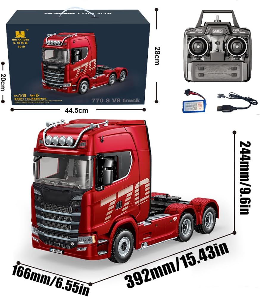 RC Tractor Truck 770S 1/18 Remote Control Truck Trailer 2.4G 19CH Heavy Duty Construction Vehicle with Light Sound Effects Shock Absorption Engineering Truck Lorry Car Model 15.4in