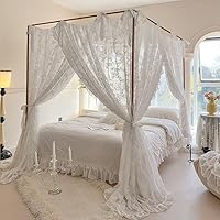 Elegant Queen Size Lace Princess Mosquito Net Canopy - Romantic 4-Post Bed Curtain for Women Girls Bedroom Decor (Beige-White)
