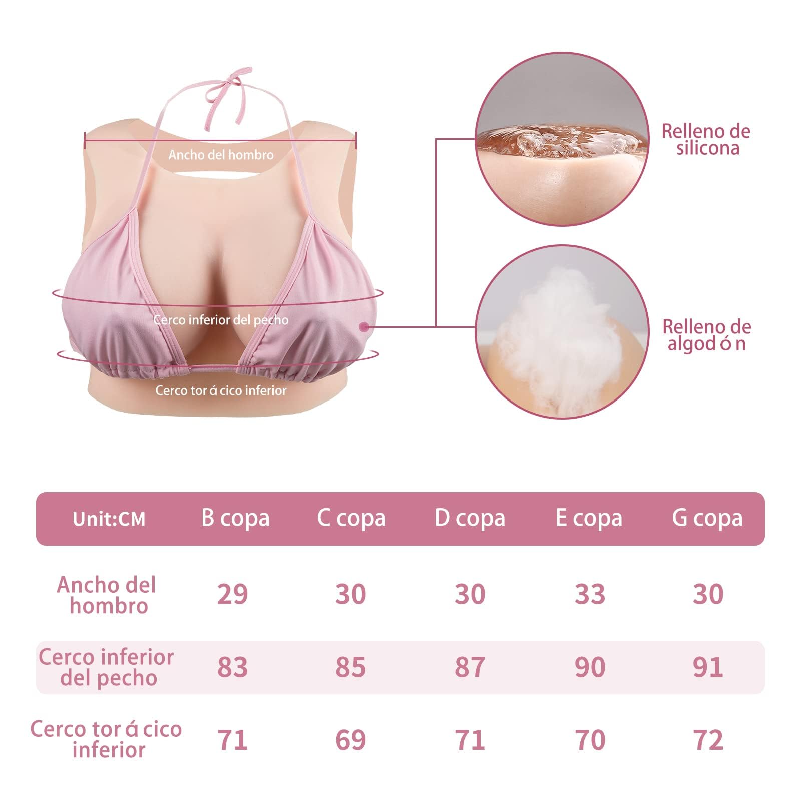 CYOMI Pechos de Silicona Pecho de Formas Travestis Tetasde Silicona Realistas Cuello Redondo con Espalda Hueca Aplicable a Crossdresser Drag Queen Cosplay Mastectomía B-G Copas