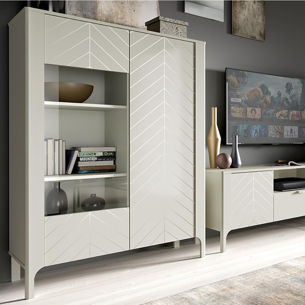 Lomadox Wohnwand in Kaschmir mit Lowboard, Vitrine & Highboard – Modernes Wohnzimmermöbel-Set im Fischgrät-Design mit Softclose