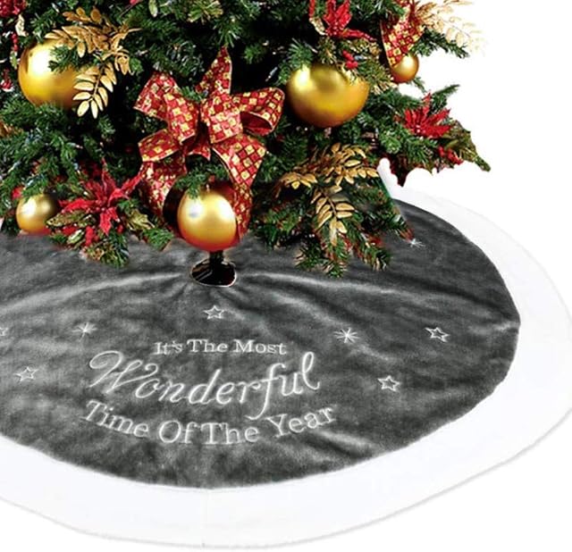 Grey Christmas Faux Fur Tree Skirt 90 cm with Round Trim Xmas Tree Skirt Base Cover Christmas Decoration