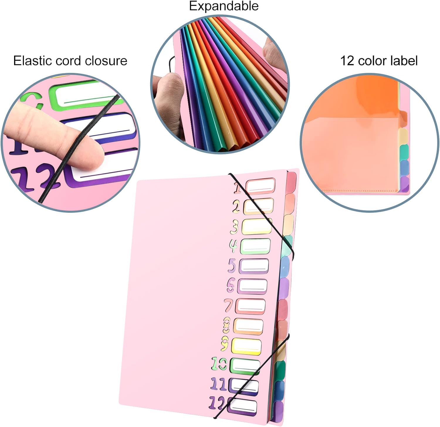 Delamiya Porte-documents A4, portable, avec 12 compartiments, en plastique polypropylène, avec élastique, étanche, pour l'école, les fournitures de bureau (noir)