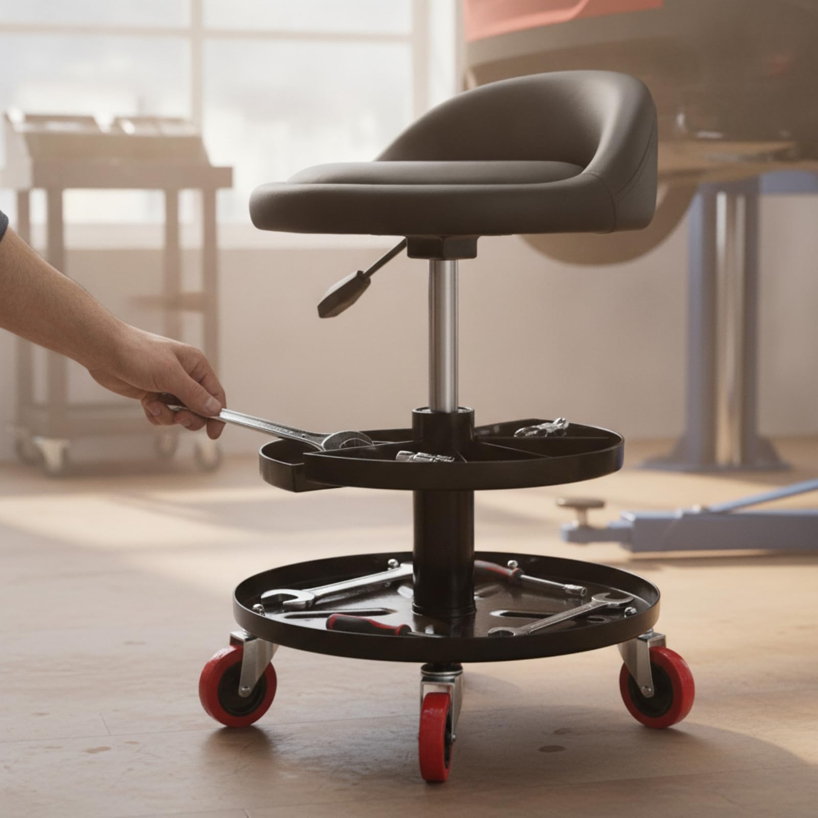 Taburete Taller con Banja Móvil Taburete con Ruedas Resistente Asiento Taller Respaldo para Garaje