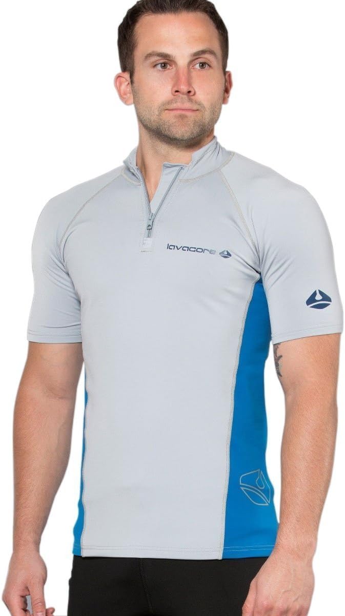 New Men's LavaCore Short Sleeve LavaSkin Shirt (X-Large) with Front Zipper for Scuba Diving, Surfing, Kayaking, Rafting, Paddling & Many Other WaterSports (Grey/Navy Blue)