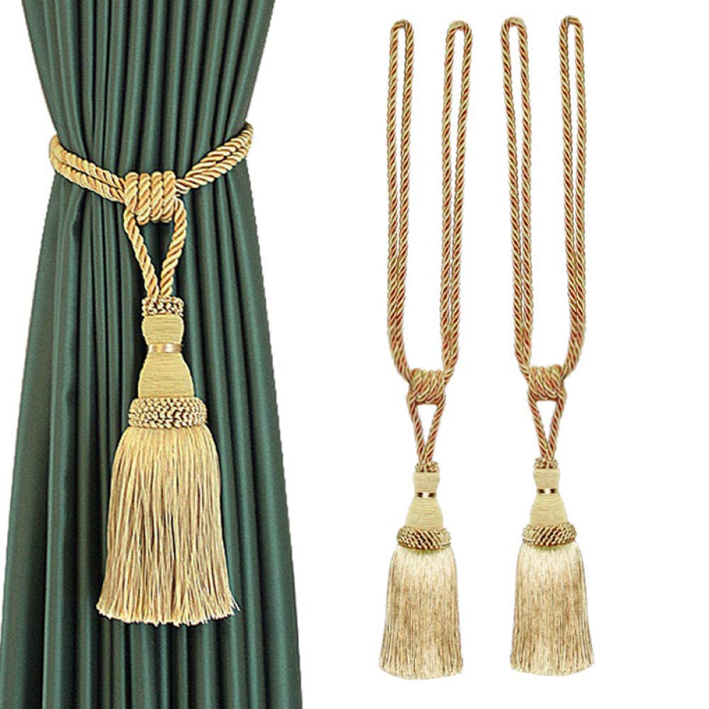 Lot de 2 embrasses de Rideaux à Pompons, décoration d'intérieur, Boucle, Corde, Boules suspendues pour Salon, Chambre à Coucher, Accessoires, doré,Beige