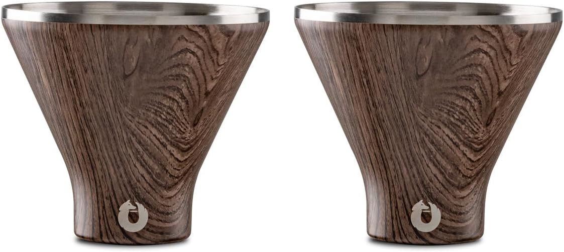 SnowfoxPremium Vacuum Insulated Stainless Steel Martini Glass, Set of 2, Martinis Stay ICY Cold, Stemless Cocktail Glasses, Elegant Home Entertaining, Bold Beautiful Barware Set, 8 oz, Dark Walnut