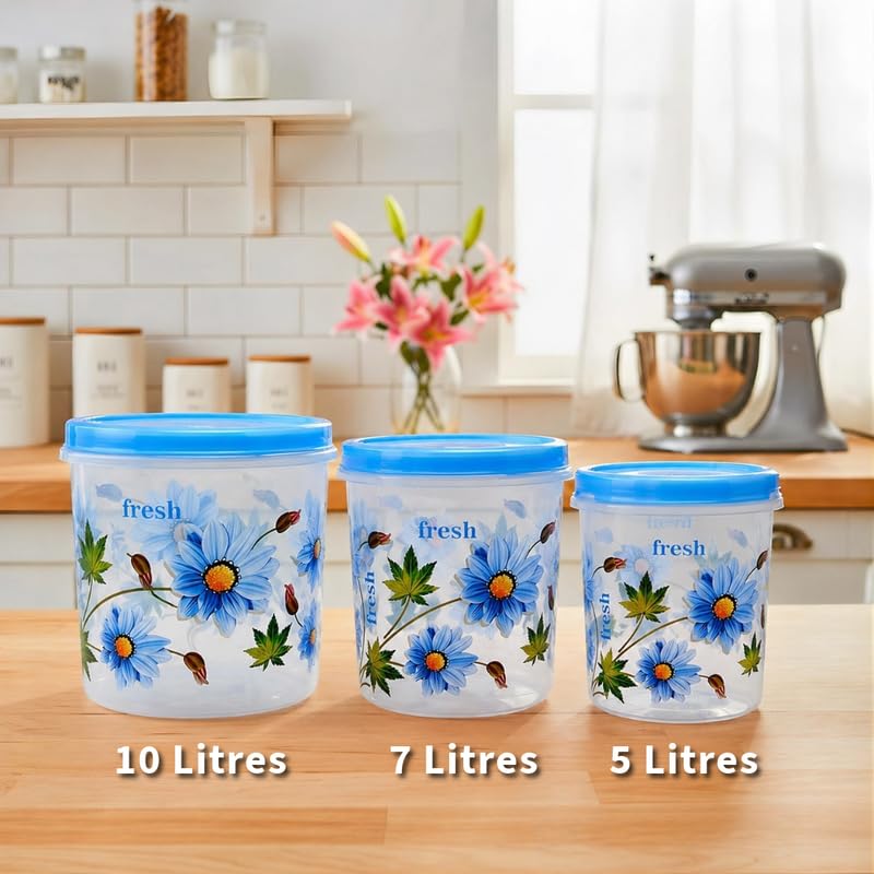 Image of Truvic Airtight Kitchen Storage Container - Set of 3 (5L, 7L, 10L) Food Grain Storage Boxes, Plastic Multipurpose Organizer, Leakproof, Stackable, Multicolour