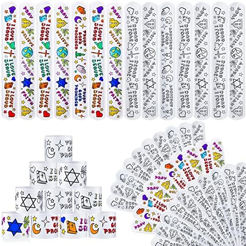 60 Pcs Color Your Own Faith Slap Bracelets Religious Slap Bracelets Christian Religious Craft Slap Bracelets with Religious Sayings for Kids School Craft Projects Coloring DIY Gifts, 3 Style
