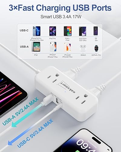 Miniatura 3 de Cable de extensión de enchufe plano de 3 pies con 4 salidas de CA, 3 puertos USB (5V3.4A 17W), regleta de alimentación de enchufe plano compacta