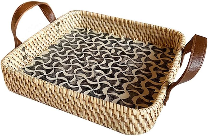 Rattan Woven Bread Basket, Mother of Pearls Inlay Serving Basket, Handmade Basket with Handles for Home Kitchen Dining Room Decor (Black/12.2" -Round)