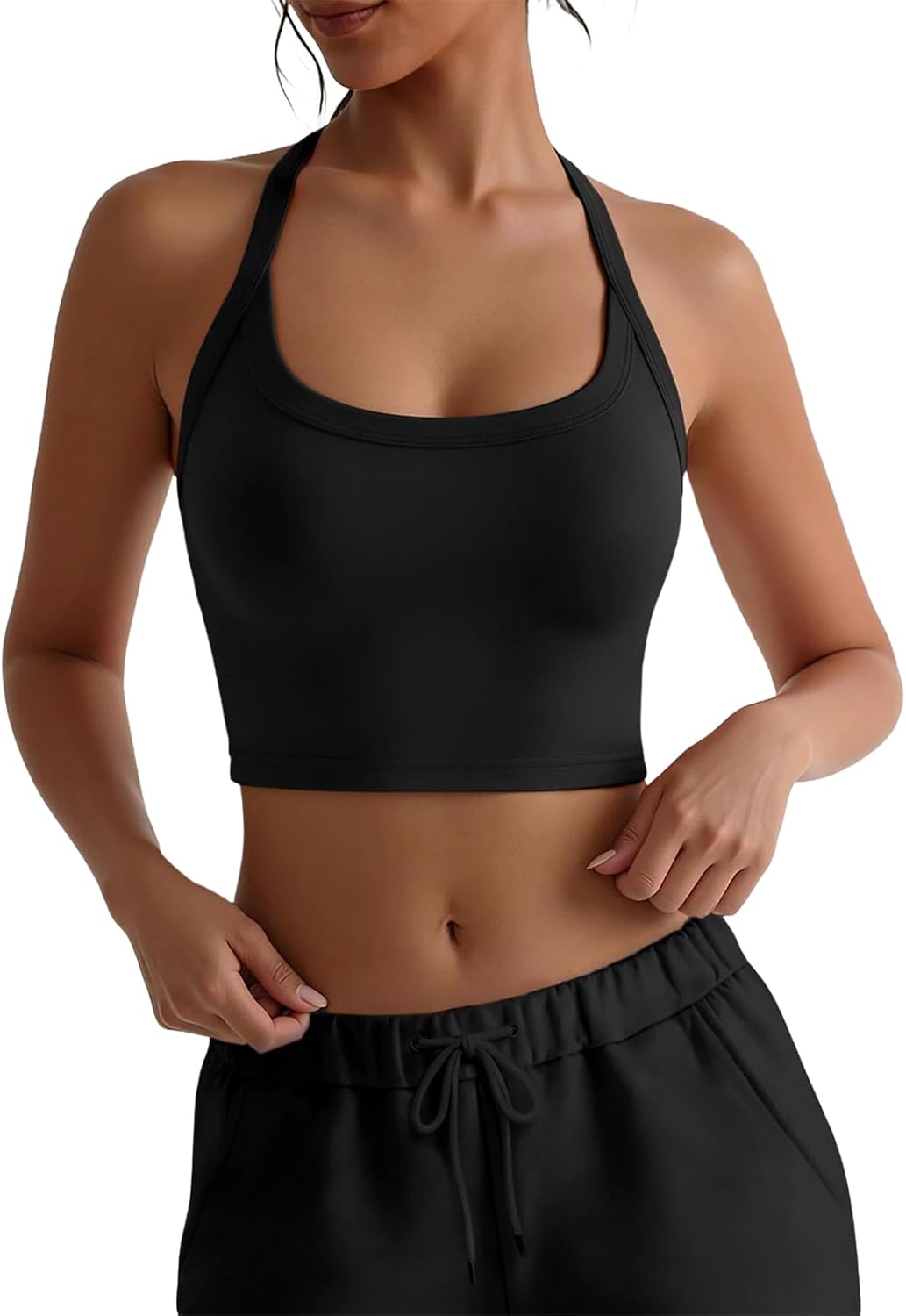 Womens Halter Neck Crop Solid Color Sleeveless Backless Form Fitting Yoga Streetwear Athletic Tank