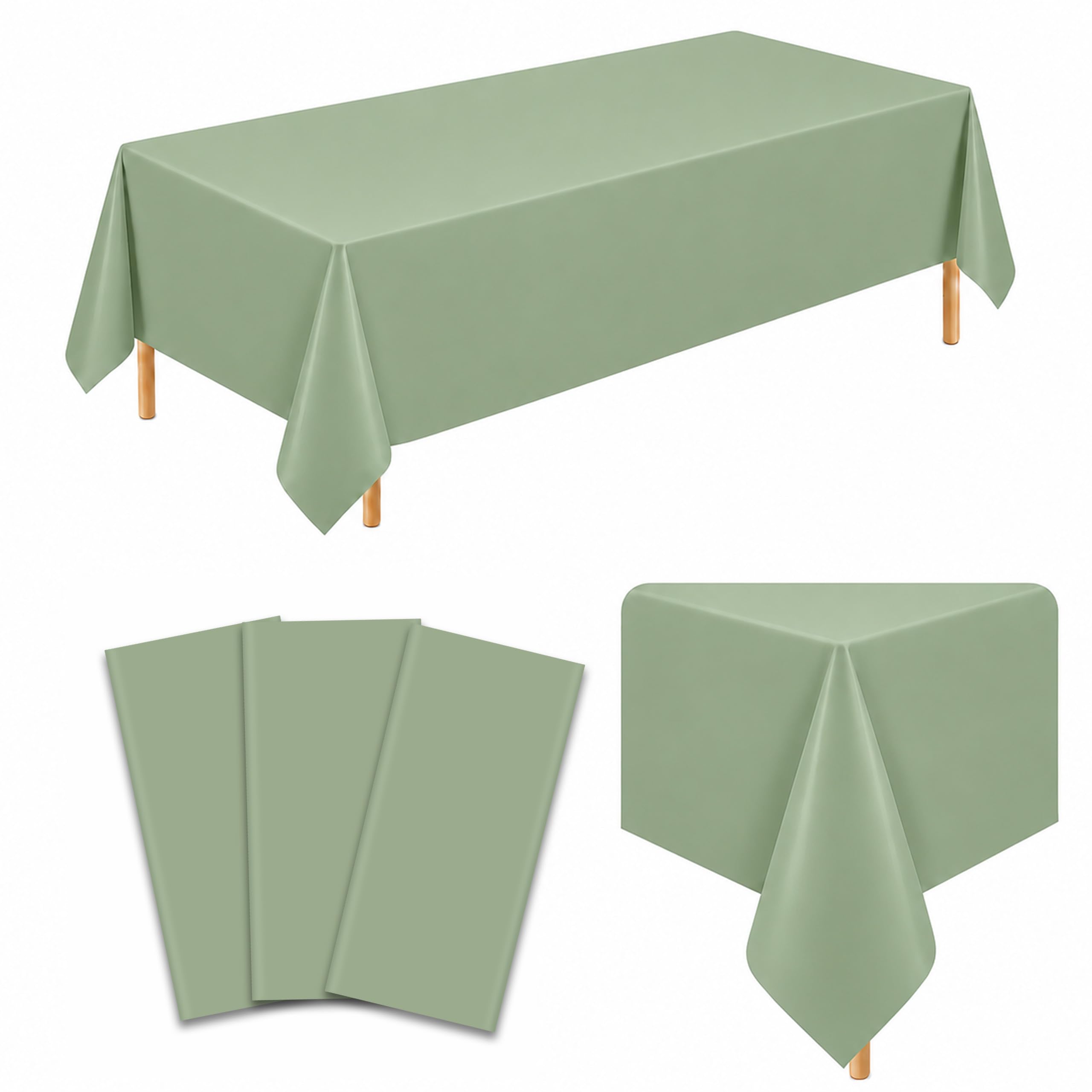 3 Pack Sage Green Plastic Tablecloths, 54 x 108 Inch Disposable Covers
