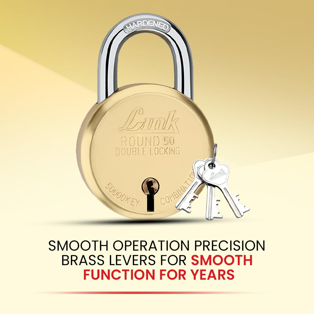 Link® 50mm Round Brass Lock | Brass Liver | Double Locking | | Padlock with 3 Silver Keys for Home Door, Office, Shop | Made in India — Amazon image 2