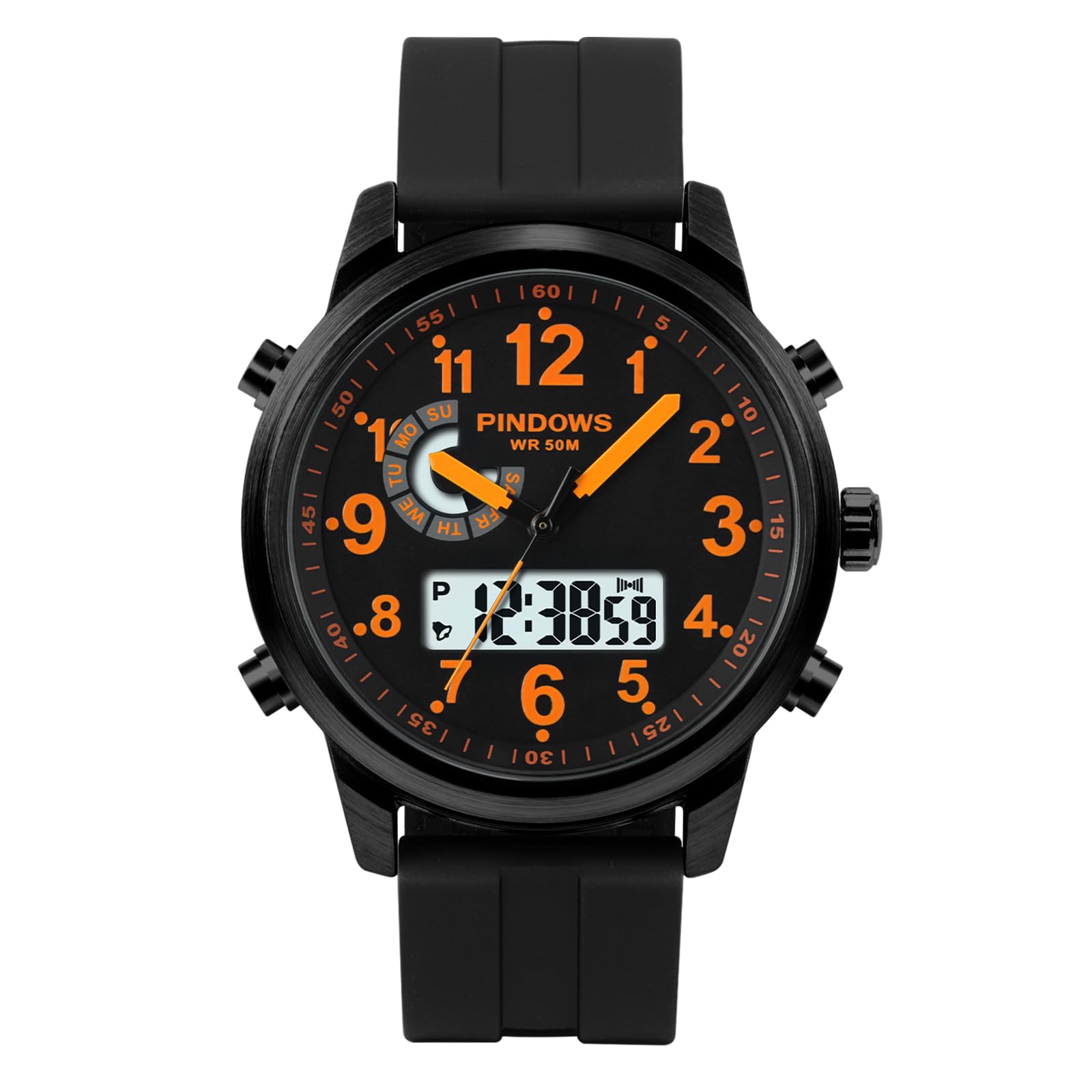 PINDOWS Orologio da uomo doppio fuso orario analogico digitale militare