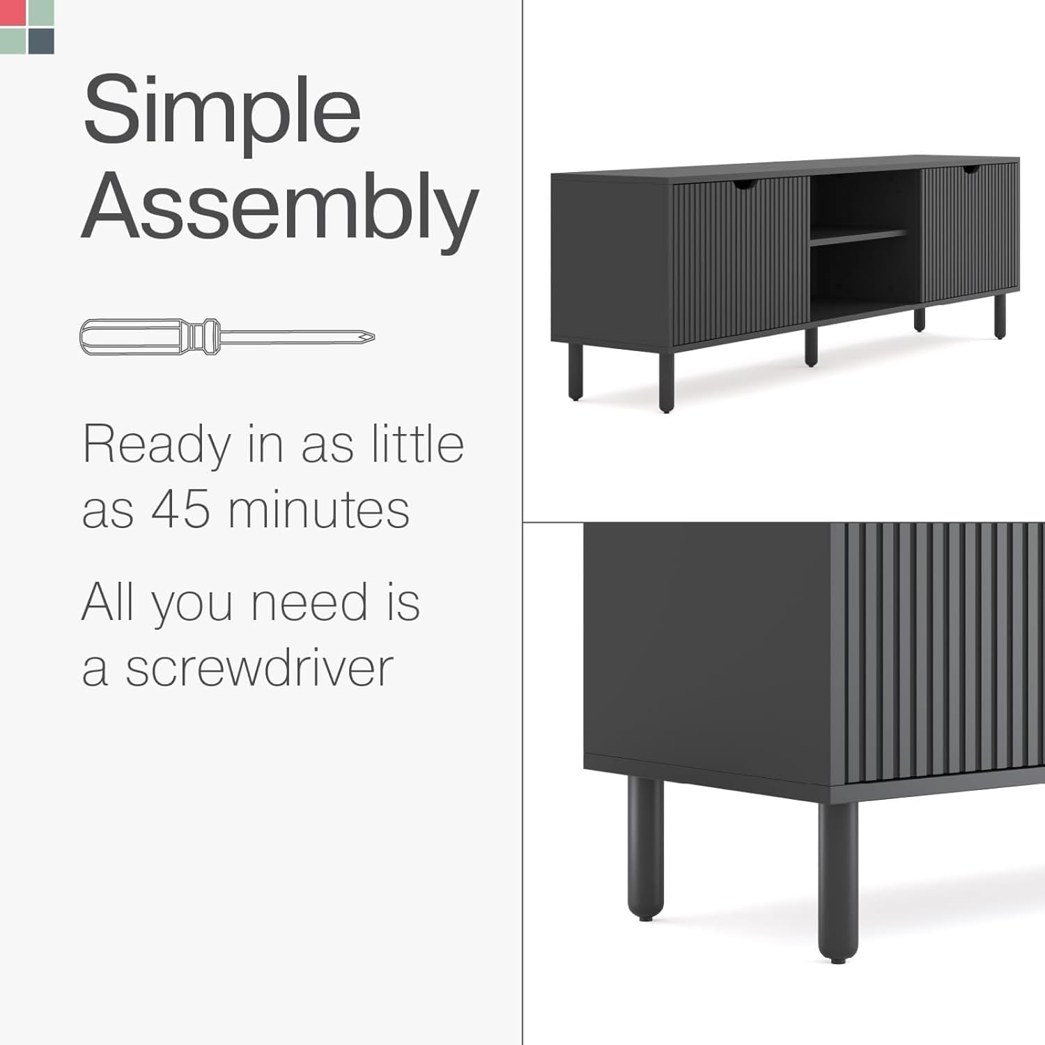 Stead Fluted Wood TV Stand - Soft-Close Doors & Adjustable Shelves TV Console with Storage - Cable Management Entertainment Center - Fluted Doors Hide Components Media Stand - Black, 70