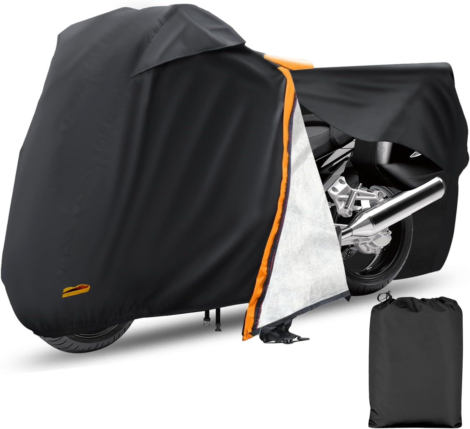AUTOLIONMotorcycle Cover,Waterproof Zipper Outdoor Cover for All Seasons Windproof, High Heat Resistance Dustproof and Rainproof Snowproof(Orange Zipper XXL Fits Up to 108 inch)