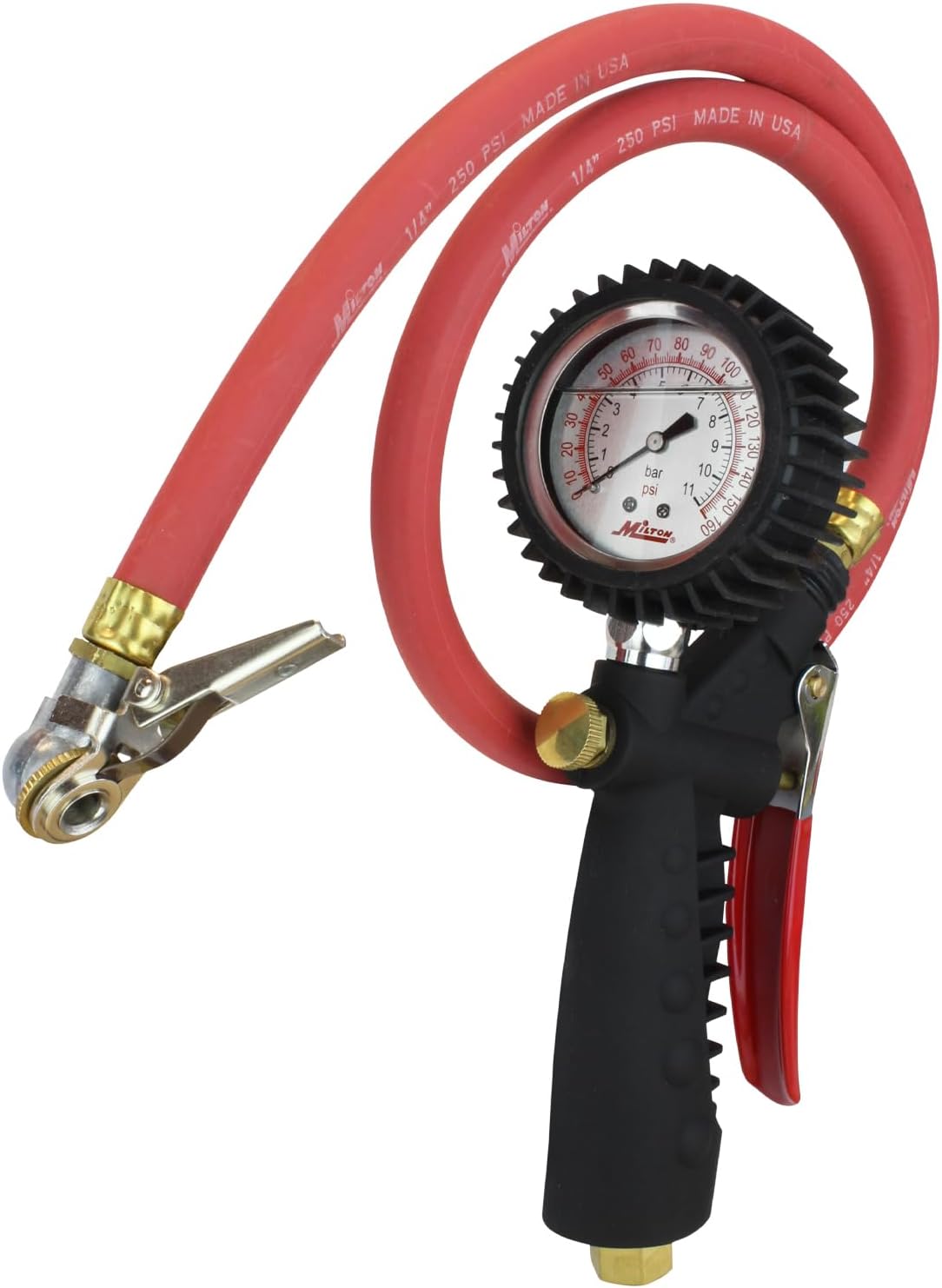 Milton 573A Pro Analog Pistol Grip Inflator with Pressure Gauge - 36" Hose Ball Chuck w/Clip - Assembled in USA 160 PSI