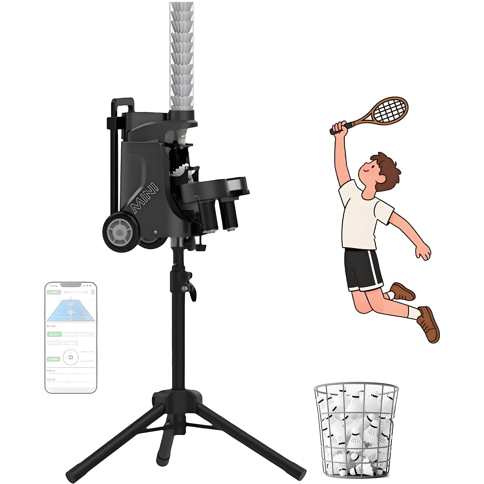 DNEPEI Portable Badminton Shuttlecock Launcher Machine, Quiet Operation, Automatic Feeder with Adjustable Speed 28-120km/h, for Indoor Court & Backyard Practice PB-MINIPro