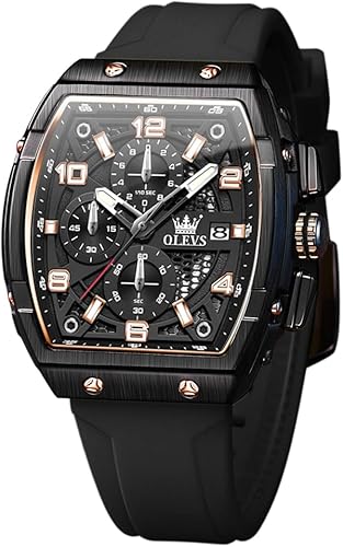 OLEVS Reloj para hombre de lujo de cara grande negro relojes de pulsera de silicona cuadrado multifuncional vestido impermeable cronógrafo analógico