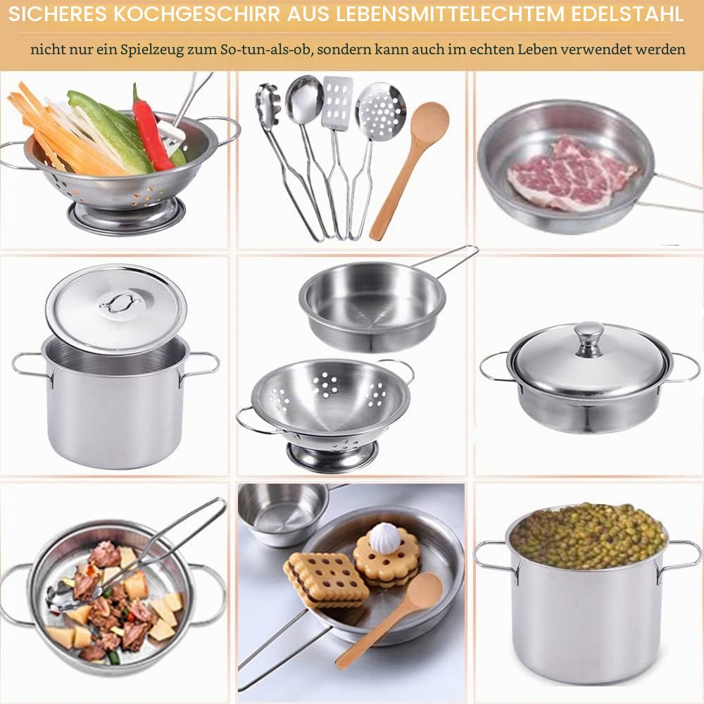 Edelstahl Pretending Cooking Utensils Kochgeschirr Set, Mini Play Kitchen Zubehör, Spielen Töpfe und Pfannen Spielzeug in einem goldenen Stoffbeutel für Kinder Kleinkinder verpackt
