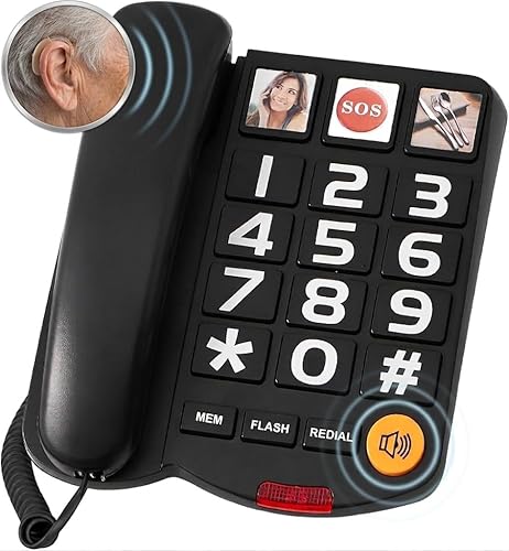 Teléfono con Cable de Botón Grande para el Hogar con Timbre Fuerte de 110dB, Marcación Rápida de 3 Fotos, Altavoz y Control de Volumen. Fácil de