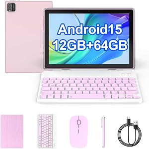 Android 15 Tablet, 10 inch 2 in 1 Tablets with Keyboard Mouse Case Stylus, 12GB+64GB+1TB Expand, 8MP Camera, 1.8Ghz Quad-core CPU, 1280*800 IPS Touchscreen Computer, WIFI6 BT, Long Battery Life Laptop